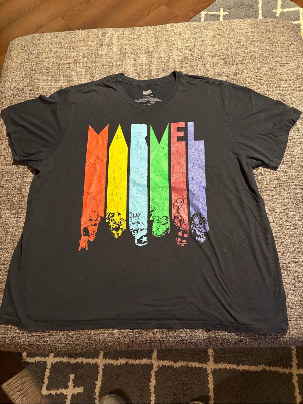 Marvel Black Tee with Multicolor Hero Stripe Graphic